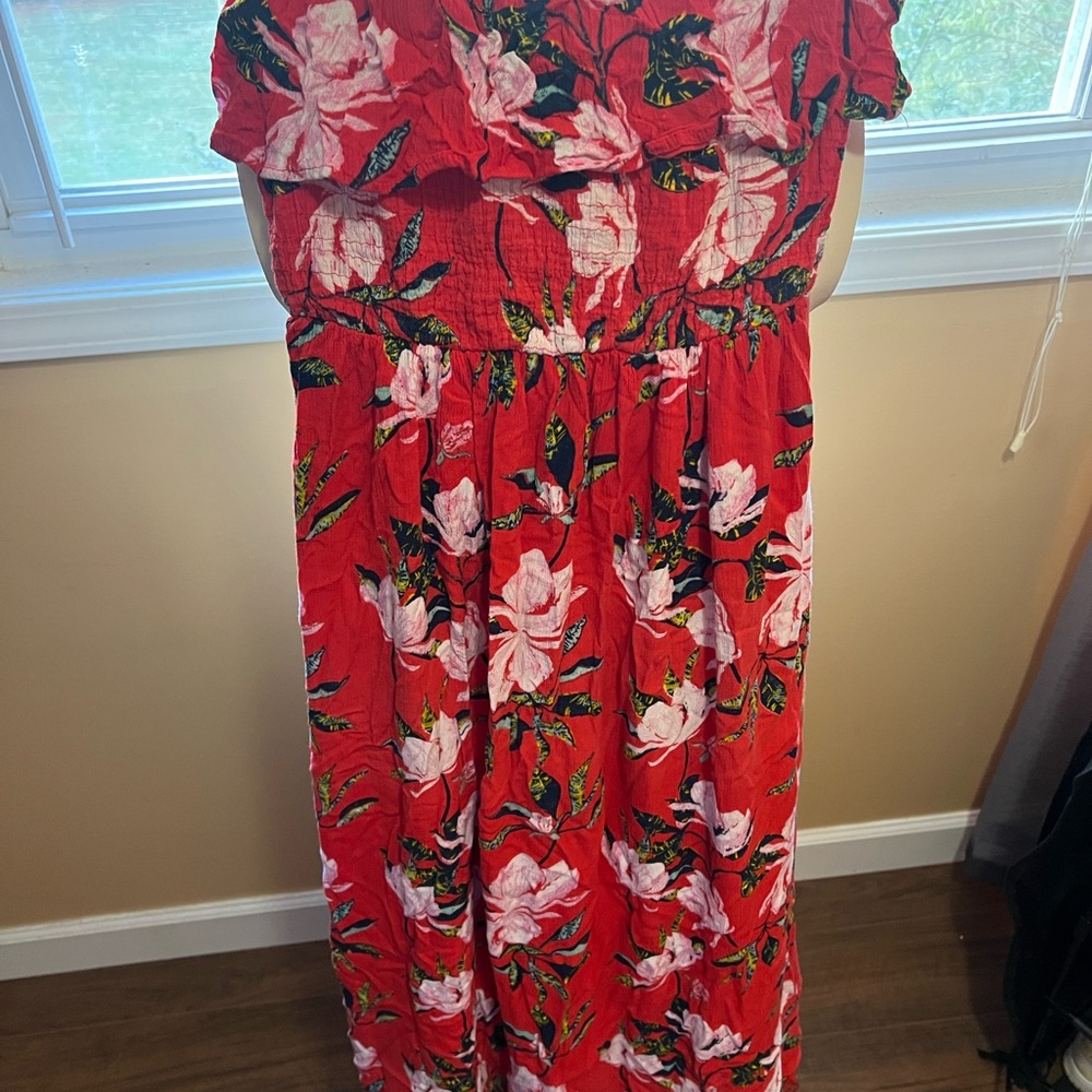 Floral Strapless Red Maxi Dress